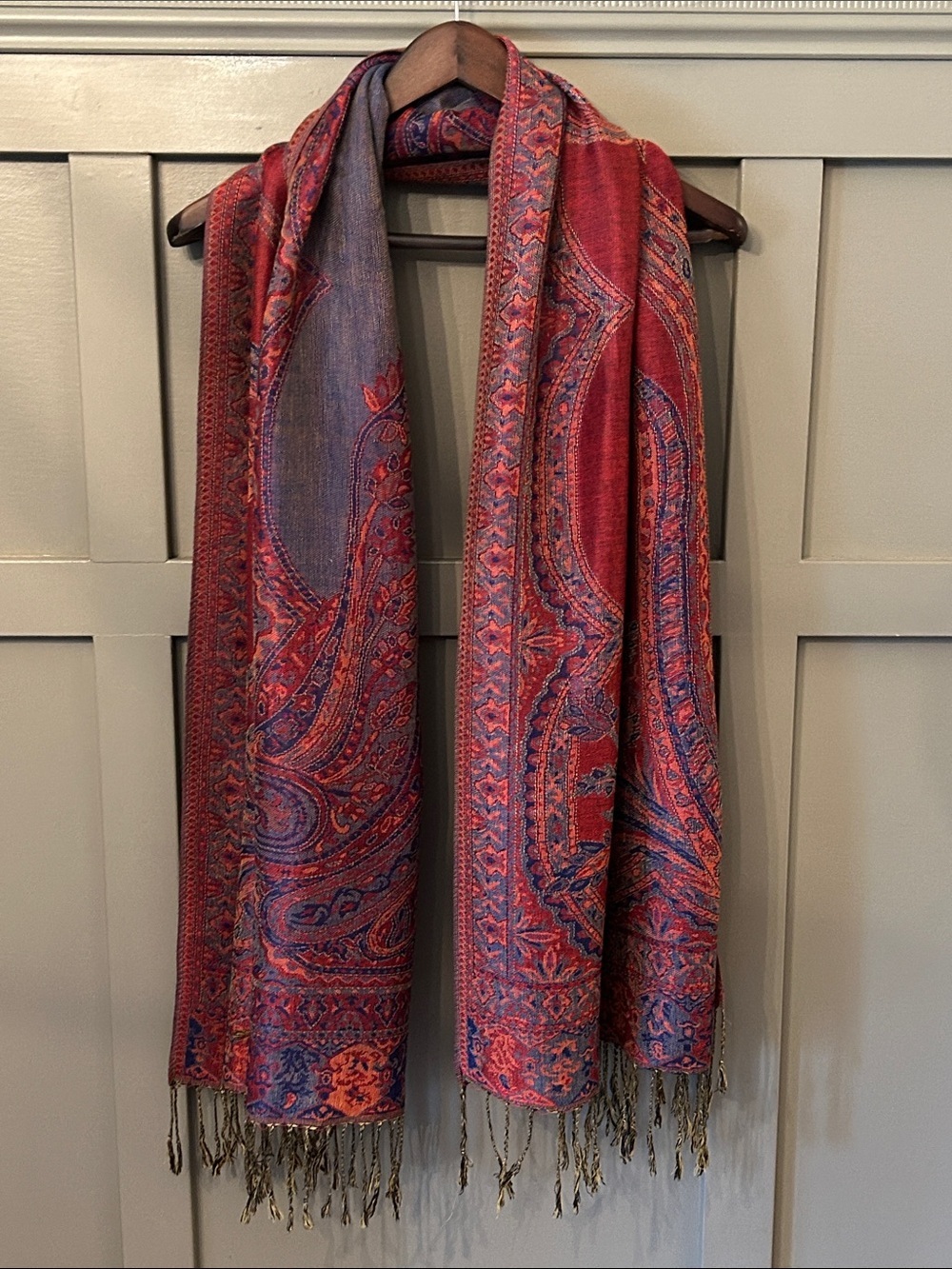 Scarf Paisley Boho Tassels Red Blue 71” x 28”
